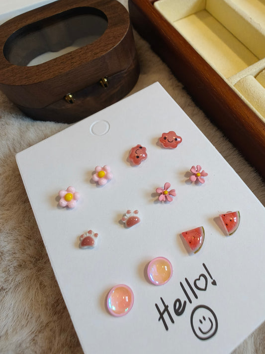 2905 6 sets Pink Mini Korean Cute Ear Studs